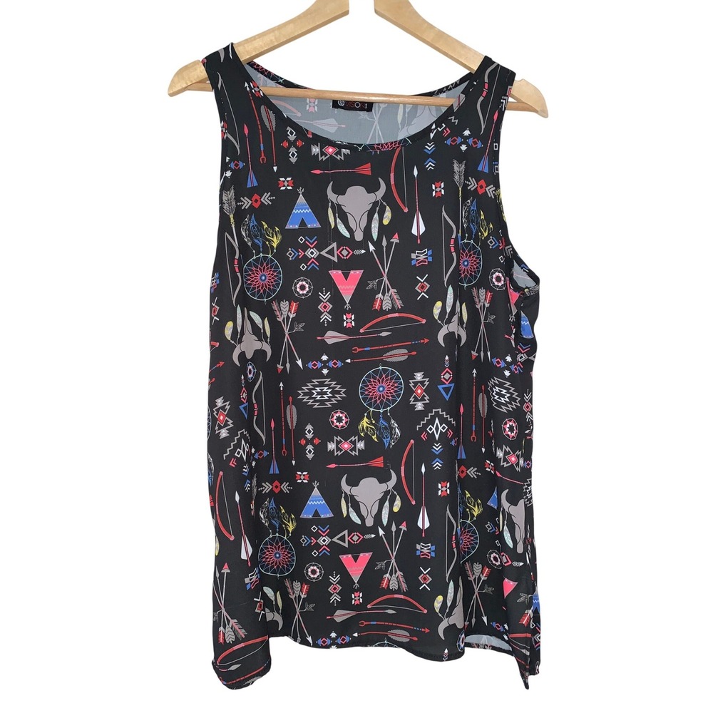 Vision USA Womens Southwestern Print Tank‎ Top Black Bull Dreamcatcher Sz L
